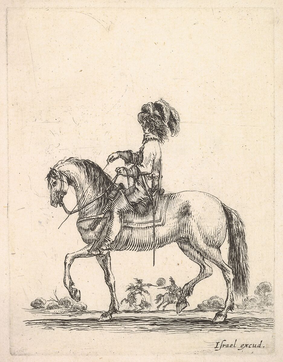 A horseman in profile walking to the left, two horsemen duel with pistols in the background, from 'Various cavalry exercises' (Diverses exercices de cavalerie), Stefano della Bella (Italian, Florence 1610–1664 Florence), Etching 