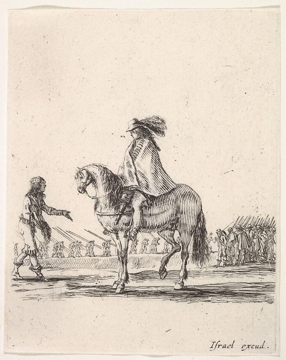 Horseman in center facing left speaking to a man on foot, infantry troops in a line in the background, from 'Various cavalry exercises' (Diverses exercices de cavalerie), Stefano della Bella (Italian, Florence 1610–1664 Florence), Etching 