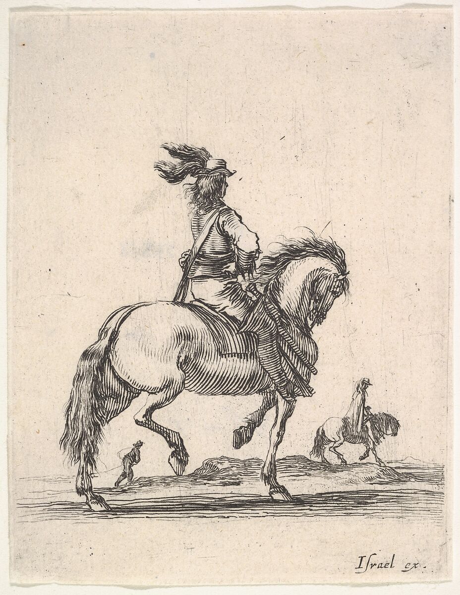A horseman in center, walking towards the right, a horseman and a footsoldier in the background, seen from behind, from 'Various cavalry exercises' (Diverses exercices de cavalerie), Stefano della Bella (Italian, Florence 1610–1664 Florence), Etching 