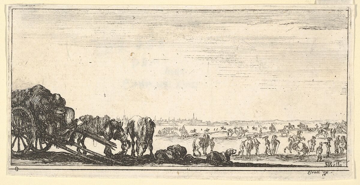 Plate 8: a chariot and two horses to left, a dog in center, various horses and soldiers in the background, from 'Troops, cannons, and attacks on towns' (Dessins de quelques conduites de troupes, canons, et ataques de villes), Stefano della Bella (Italian, Florence 1610–1664 Florence), Etching 