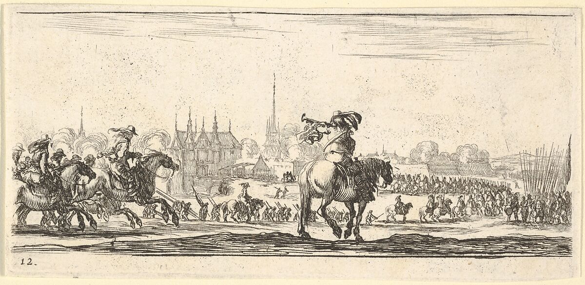 Plate 12: a procession of troops enter a city, horseman in center playing a trumpet towards the left, horsemen at left galloping towards the right, from 'Troops, cannons, and attacks on towns' (Dessins de quelques conduites de troupes, canons, et ataques de villes), Stefano della Bella (Italian, Florence 1610–1664 Florence), Etching; second state of three 
