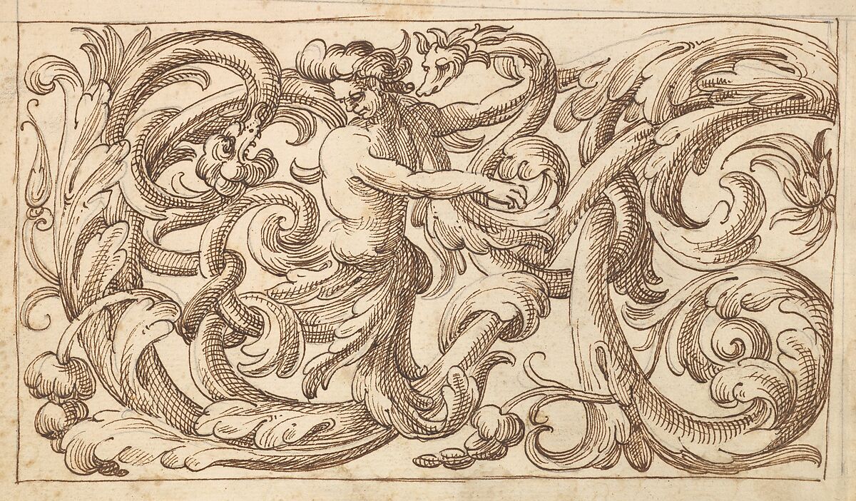 Horizontal Panel Design with a Man and Two Fantastical Creatures Interspersed between an Acanthus Rinceau, Anonymous, Italian, Venetian, 17th century, Pen and brown ink over leadpoint 