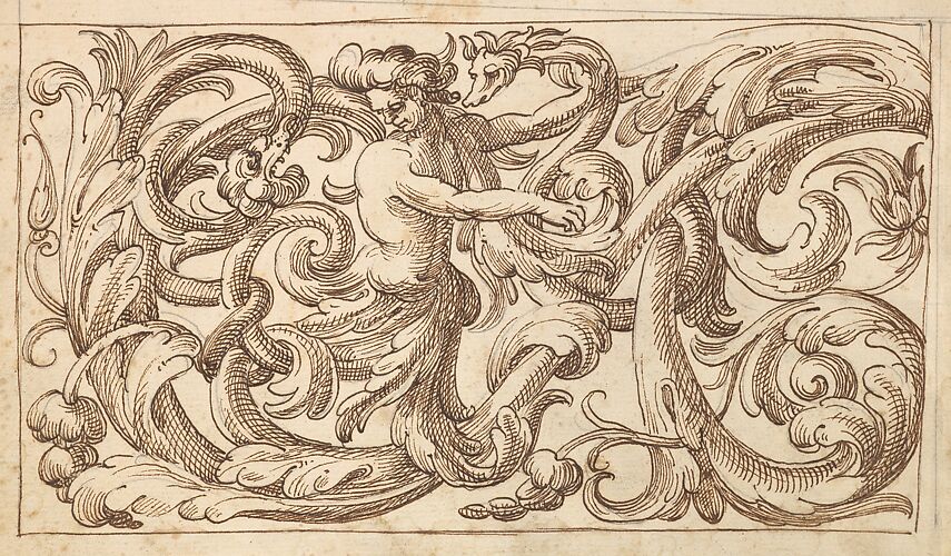 Horizontal Panel Design with a Man and Two Fantastical Creatures Interspersed between an Acanthus Rinceau