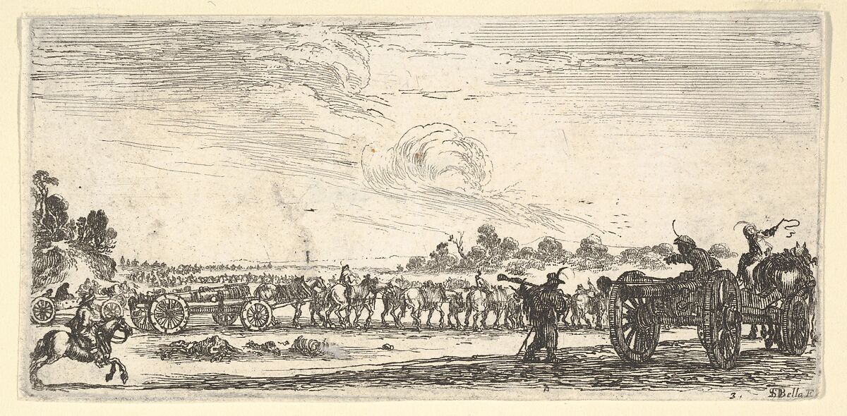 Plate 3: a procession of horse-drawn cannons, riding to the right, a horse-drawn cannon to the right seen from the back, from 'Troops, cannons, and attacks on towns' (Dessins de quelques conduites de troupes, canons, et ataques de villes), Stefano della Bella (Italian, Florence 1610–1664 Florence), Etching 