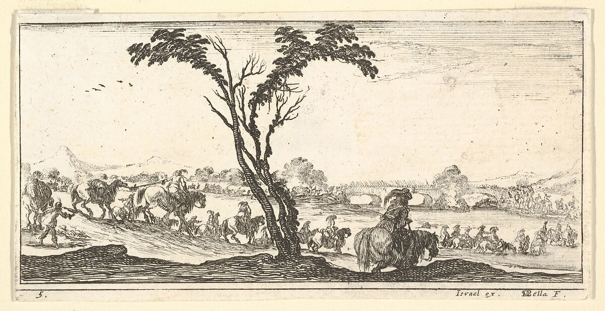 Plate 5: a procession of horsemen crossing a river, a tree at center, from  'Troops, cannons, and attacks on towns' (Dessins de quelques conduites de troupes, canons, et ataques de villes), Stefano della Bella (Italian, Florence 1610–1664 Florence), Etching; second state of three 