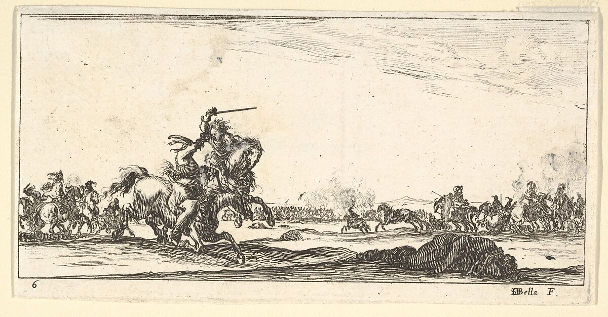 Plate 6: a skirmish between two horsemen to left, a dead man on the ground to the right, combat in the background, from 'Troops, cannons, and attacks on towns' (Dessins de quelques conduites de troupes, canons, et ataques de villes), Stefano della Bella (Italian, Florence 1610–1664 Florence), Etching 