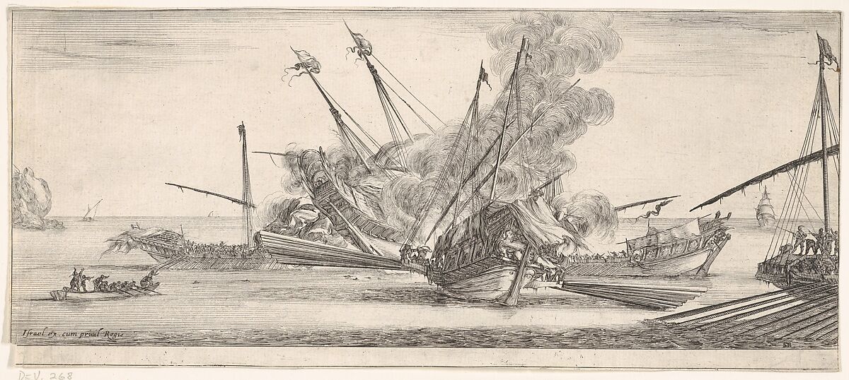 Naval combat, a ship at center, seen from behind, firing at four enemy ships, another ship entering from the right, a rowboat with nine people to left, from 'Peace and War' (Divers desseins tant pour la paix que pour la guerre), Stefano della Bella (Italian, Florence 1610–1664 Florence), Etching 