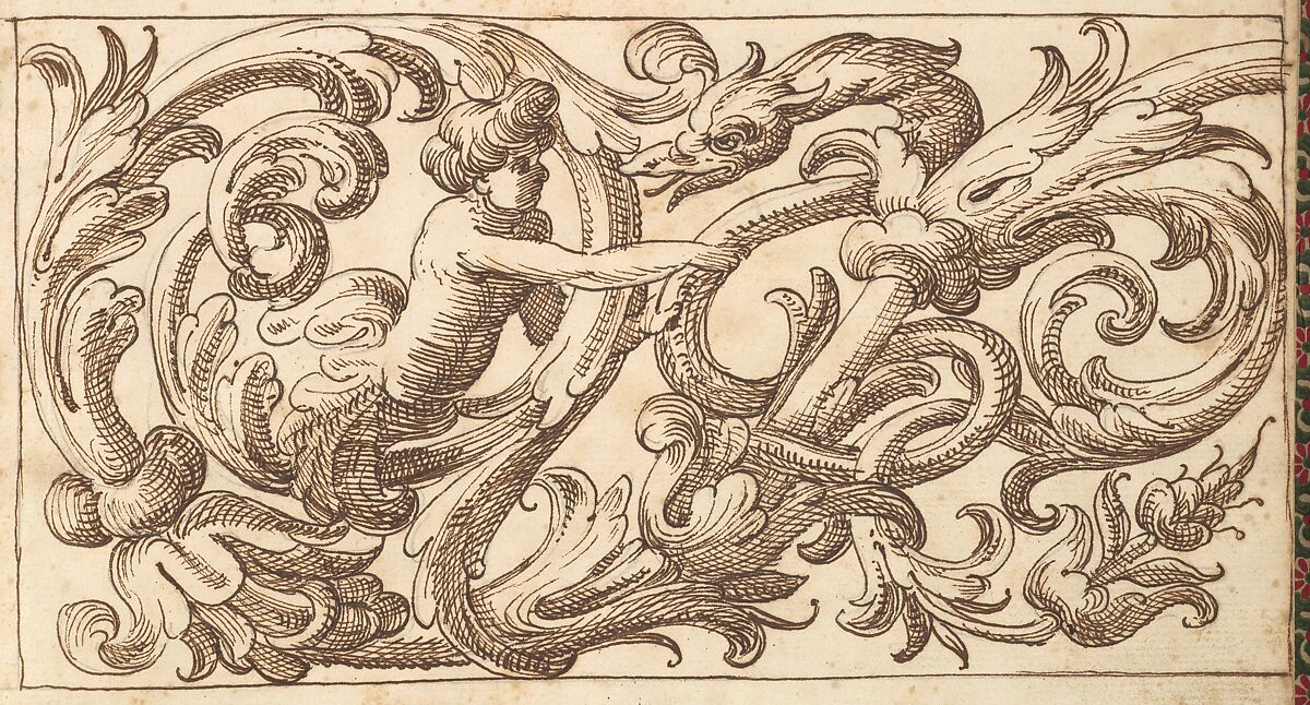 Horizontal Panel Design with a Young Man and a Fantastical Creature Interspersed between Acanthus Rinceaux, Anonymous, Italian, Venetian, 17th century, Pen and brown ink over leadpoint 