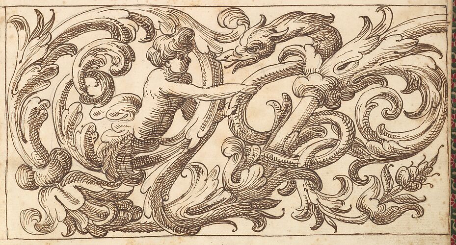 Horizontal Panel Design with a Young Man and a Fantastical Creature Interspersed between Acanthus Rinceaux