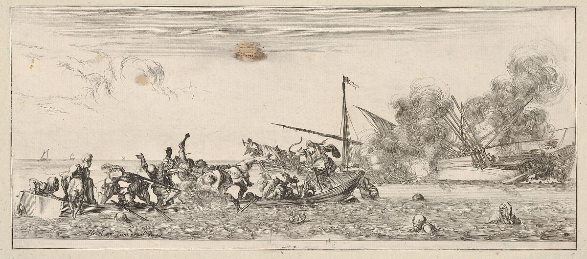 Naval battle, a rowboat filled with people fighting with muskets to left, people drowning in the sea in the center and right foreground, a ship on its side and burning in the background, from 'Peace and War' (Divers desseins tant pour la paix que pour la guerre), Stefano della Bella (Italian, Florence 1610–1664 Florence), Etching 