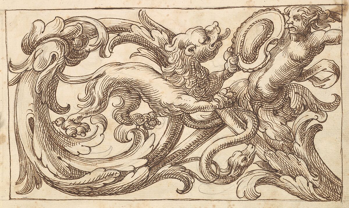 Horizontal Panel Design with a Male Figure and a Lion Interspersed between Acanthus Rinceaux, Anonymous, Italian, Venetian, 17th century, Pen and brown ink over leadpoint 