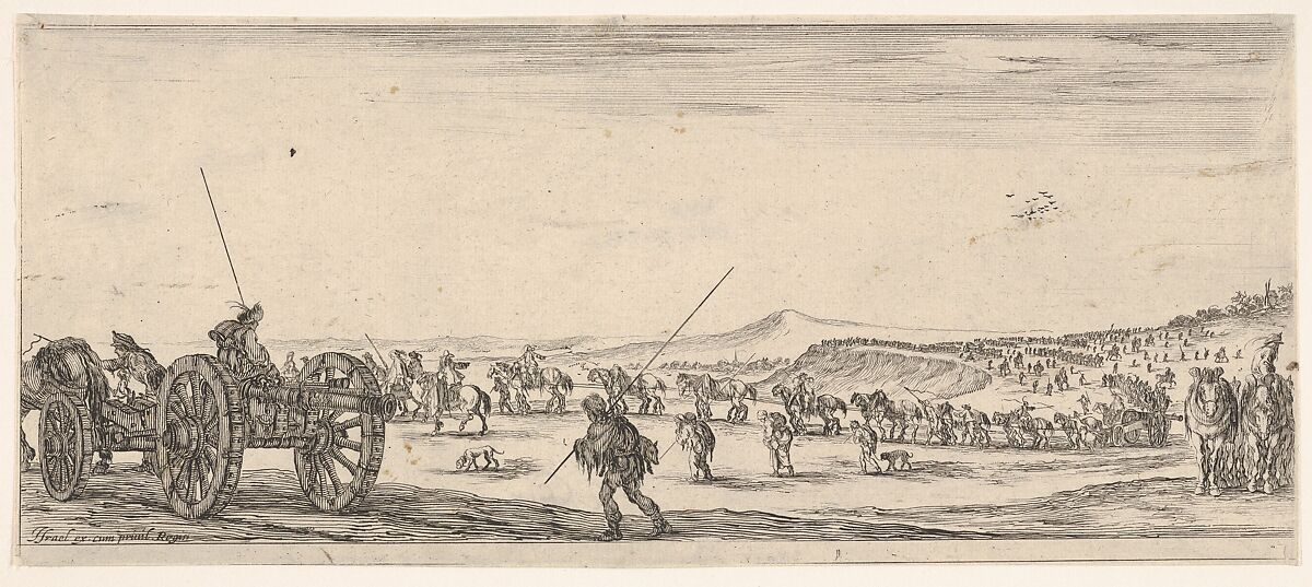 A procession of horsemen and cannons in the middle ground walking to the left, a cannon and two men to left, from 'Peace and War' (Divers desseins tant pour la paix que pour la guerre), Stefano della Bella (Italian, Florence 1610–1664 Florence), Etching 