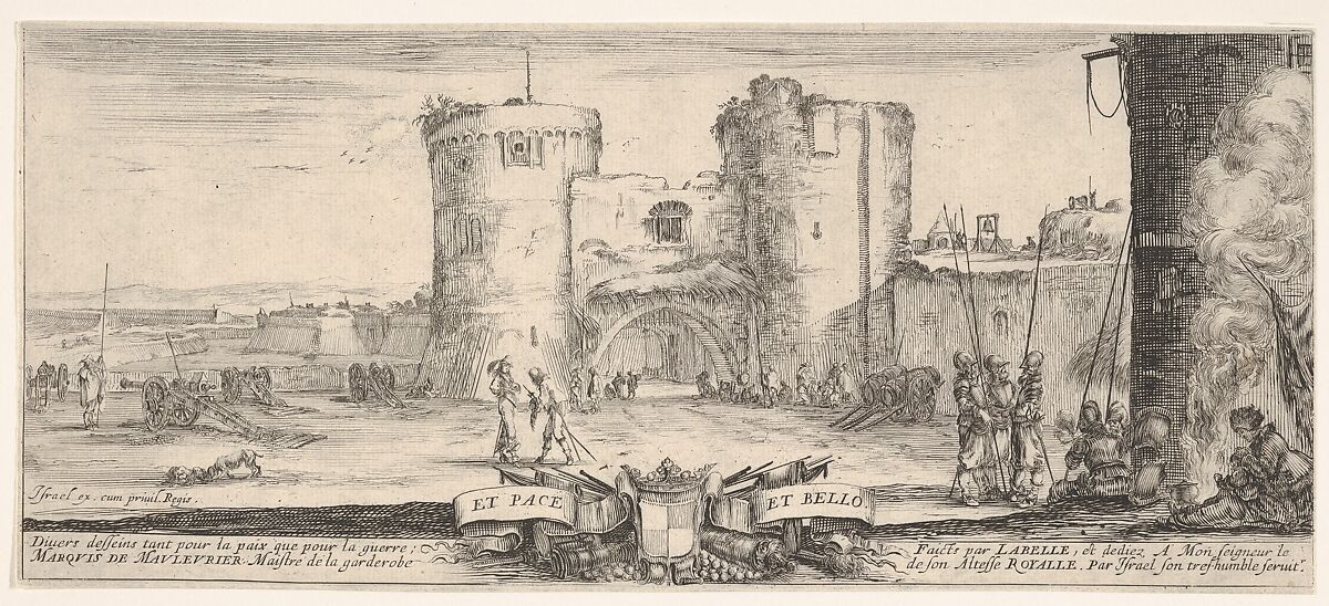 An entrance to a fortress in center, a woman with child seated by a fire to right, soldiers gather to right and in center, cannons in landscape to left, title page for 'Peace and War' (Divers desseins tant pour la paix que pour la guerre), Stefano della Bella (Italian, Florence 1610–1664 Florence), Etching 