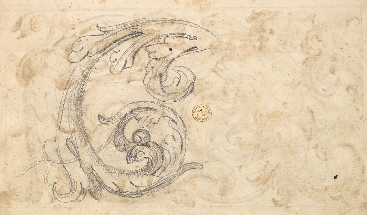 Horizontal Panel Design with a Young Man and a (male) Sphinx Interspersed between Acanthus Rinceaux, Anonymous, Italian, Venetian, 17th century, Pen and brown ink over leadpoint