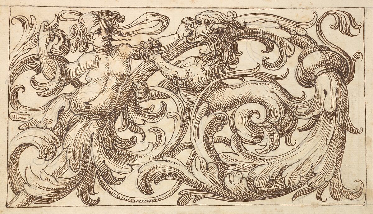 Horizontal Panel Design with a Young Man and a (male) Sphinx Interspersed between Acanthus Rinceaux, Anonymous, Italian, Venetian, 17th century, Pen and brown ink over leadpoint 