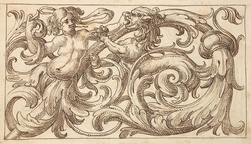 Horizontal Panel Design with a Young Man and a (male) Sphinx Interspersed between Acanthus Rinceaux