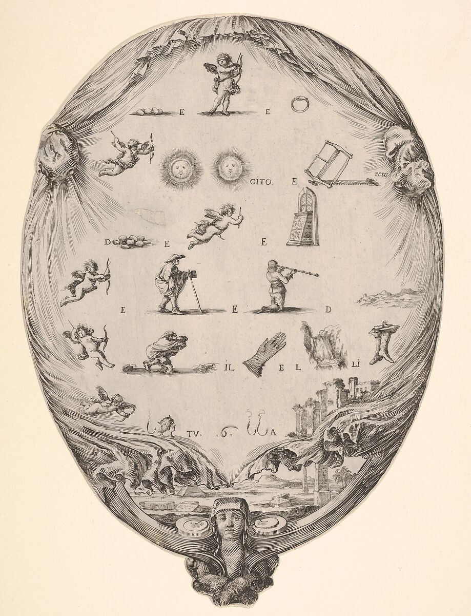 Rébus on the subject of love, a riddle depicted on drapery, below a landscape with a pyramid and two obelisks, a bust of a sphinx at bottom, an oval composition, Stefano della Bella (Italian, Florence 1610–1664 Florence), Etching 