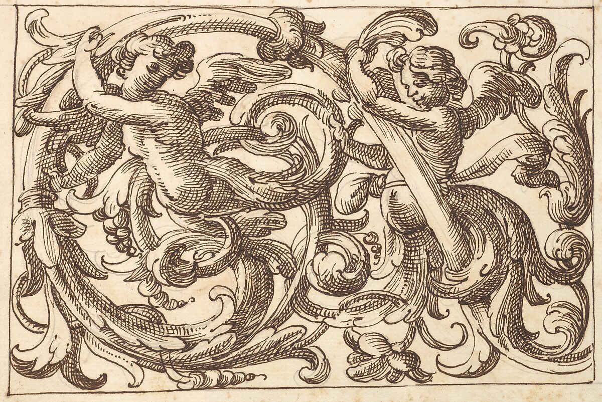 Horizontal Panel Design with Two Young Male Figures Interspersed between Acanthus Rinceaux, Anonymous, Italian, Venetian, 17th century, Pen and brown ink over leadpoint 