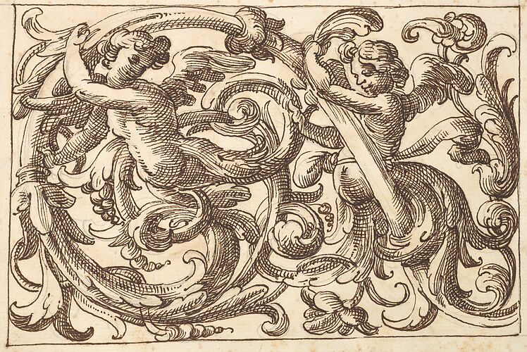 Horizontal Panel Design with Two Young Male Figures Interspersed between Acanthus Rinceaux