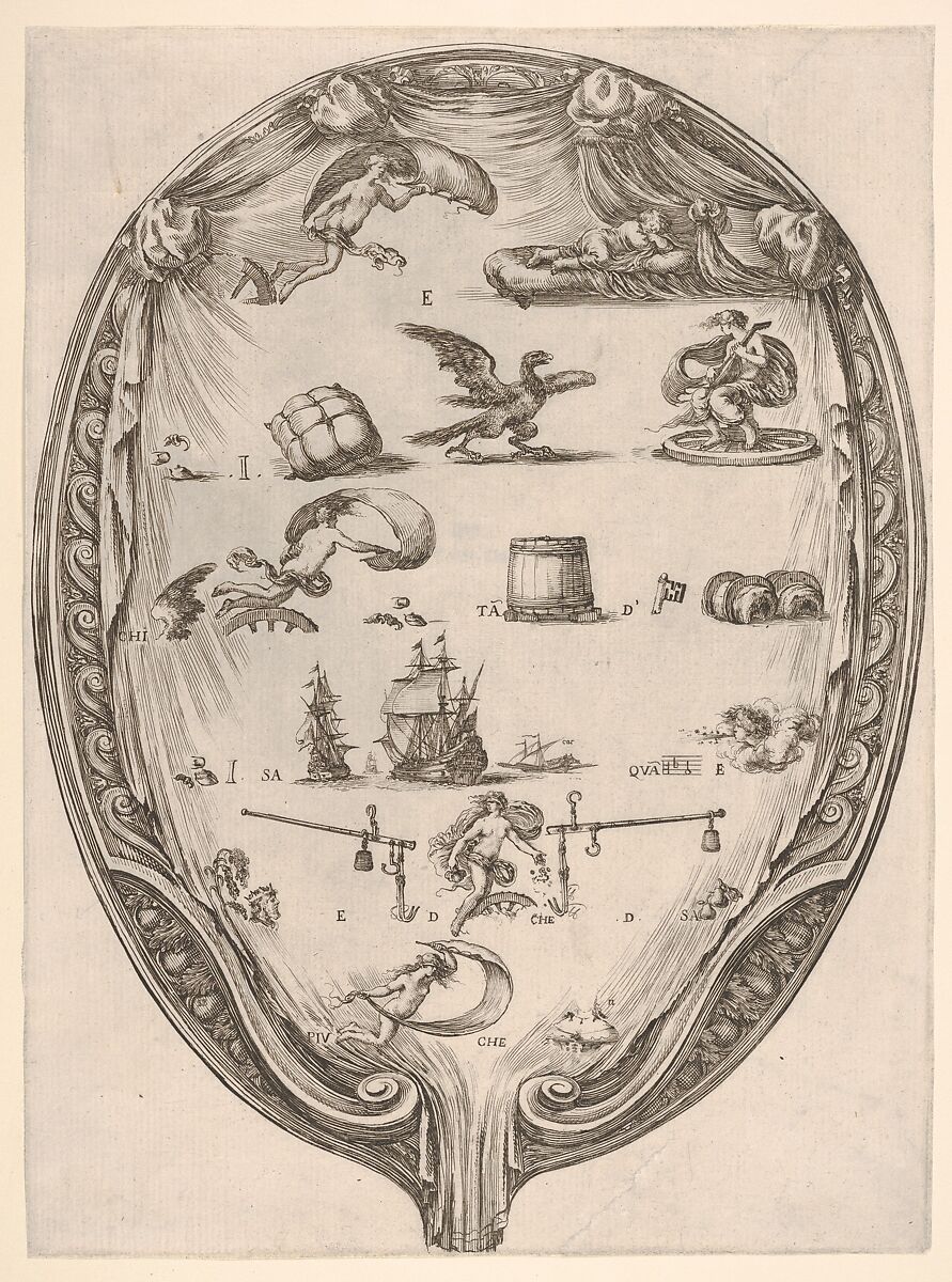 Rébus on the subject of fortune, a riddle depicted on drapery surrounded by a frame, an oval composition, Stefano della Bella (Italian, Florence 1610–1664 Florence), Etching 