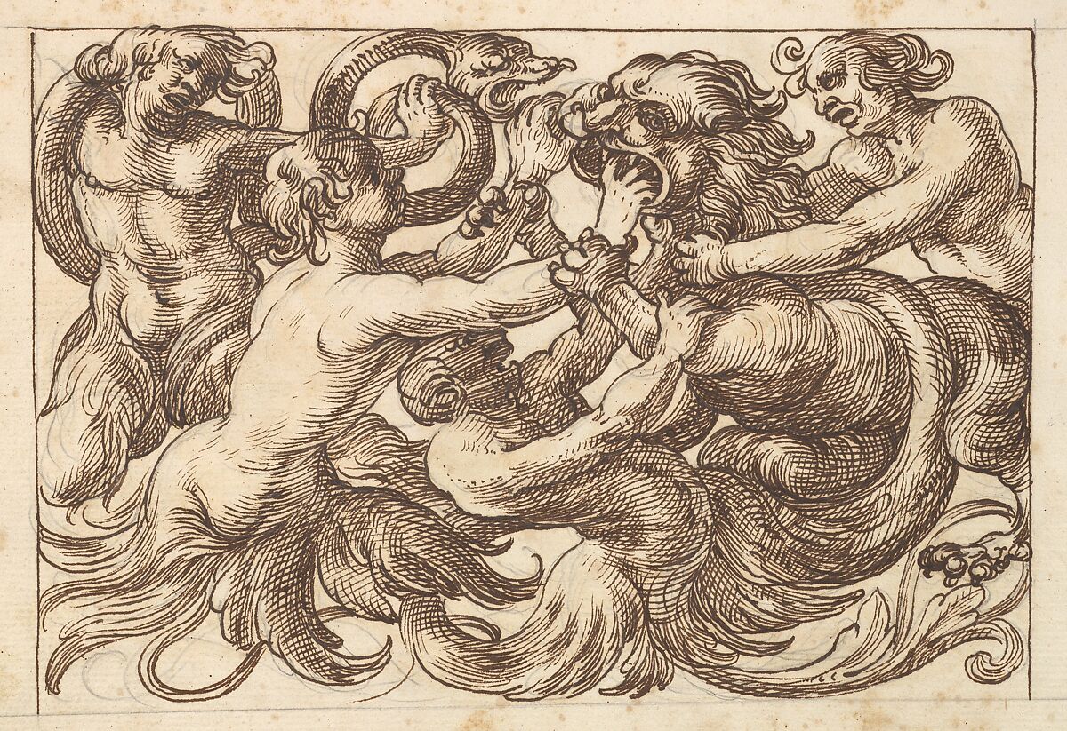 Horizontal Panel Design with Four Male Figures Fighting a Lion, Anonymous, Italian, Venetian, 17th century, Pen and brown ink over leadpoint 