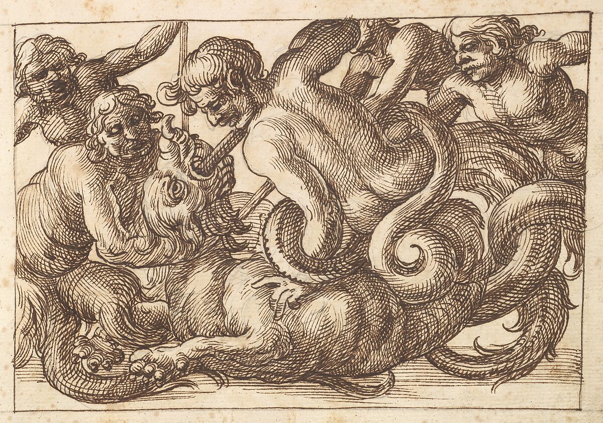 Horizontal Panel Design with Five Male Figures Fighting a Dragon, Anonymous, Italian, Venetian, 17th century, Pen and brown ink over leadpoint 