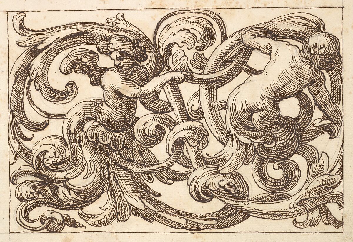 Horizontal Panel Design with Two Young Male Figures between Acanthus Rinceaux, Anonymous, Italian, Venetian, 17th century, Pen and brown ink over leadpoint 