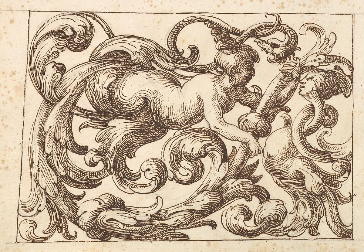 Horizontal Panel Design with a Man, a Snake and a Female Fantastical Creatures Interspersed between Acanthus Rinceaux, Anonymous, Italian, Venetian, 17th century, Pen and brown ink over leadpoint 