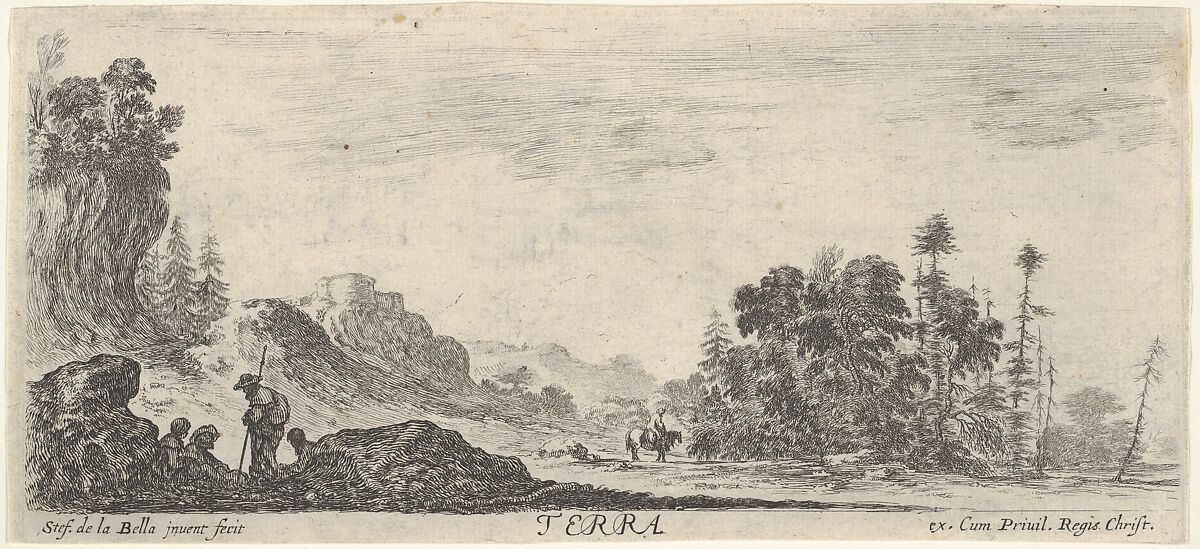 Earth, four figures in foreground to left, hills to left in the background, many trees to right in the background, a horseman in center in the background, from 'The four elements' (Les quatre Eléments), Stefano della Bella (Italian, Florence 1610–1664 Florence), Etching; first state of three 