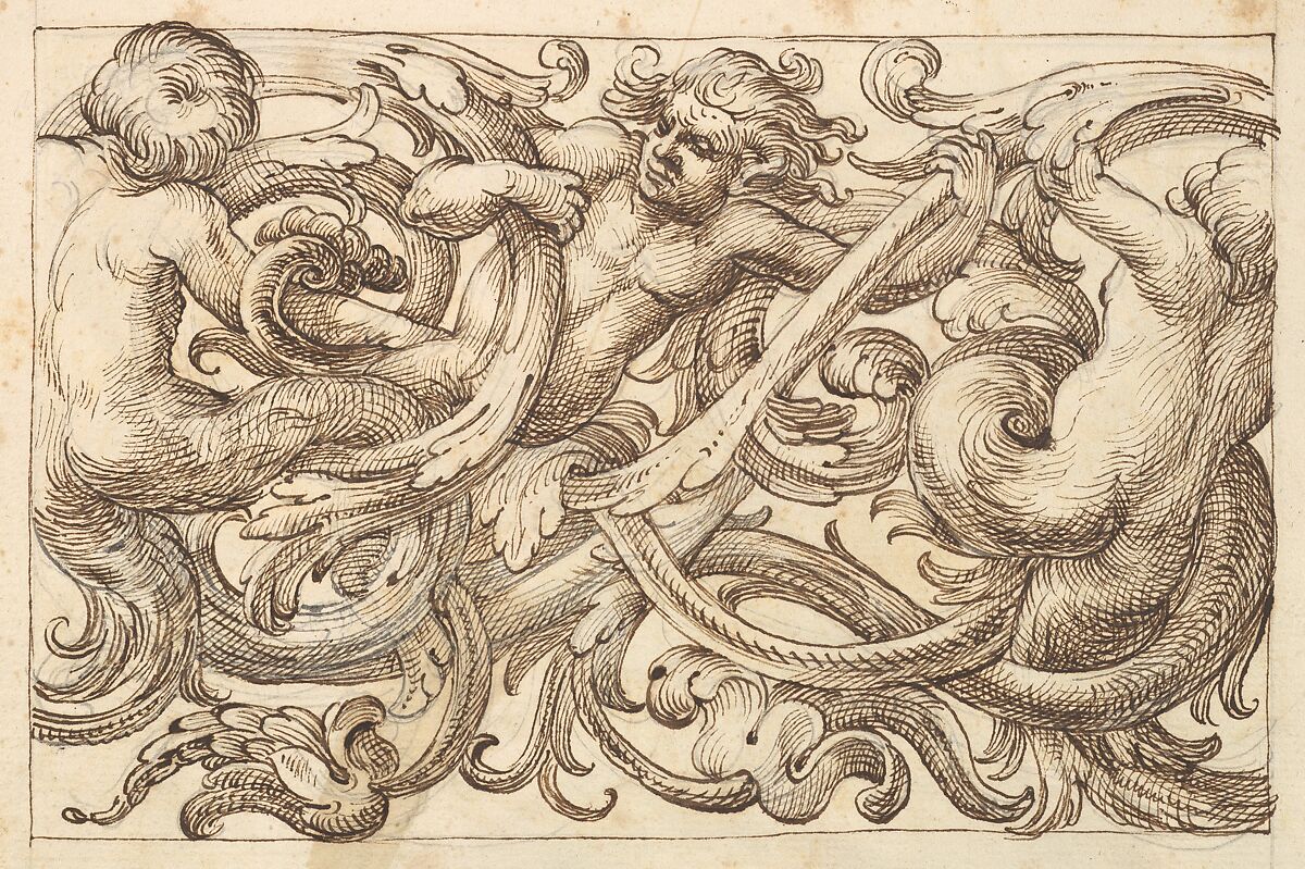 Horizontal Panel Design with Three Male Figures Interspersed between Acanthus Rinceaux, Anonymous, Italian, Venetian, 17th century, Pen and brown ink over leadpoint 