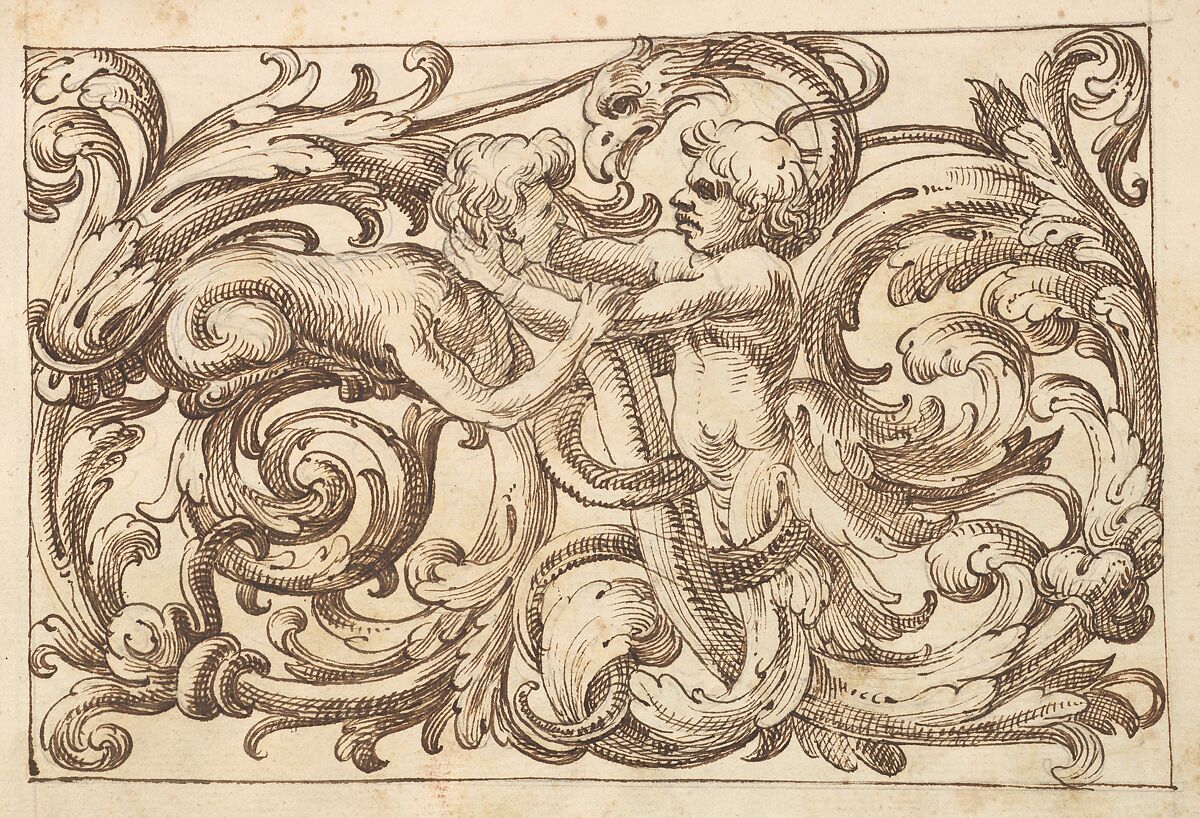 Horizontal Panel Design with a Man fighting a Sphinx and a Fantastical Creature Interspersed between Acanthus Rinceaux, Anonymous, Italian, Venetian, 17th century, Pen and brown ink over leadpoint 