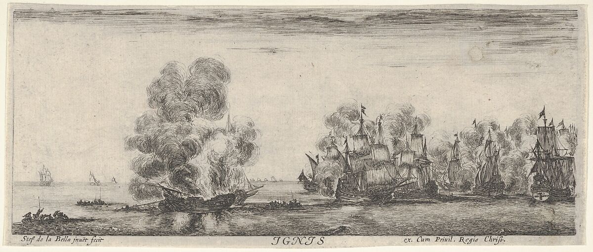 Fire, a flotilla on fire in center and to the right, two boats full of people to left, from 'The four elements' (Les quatre Eléments), Stefano della Bella (Italian, Florence 1610–1664 Florence), Etching; first state of three 