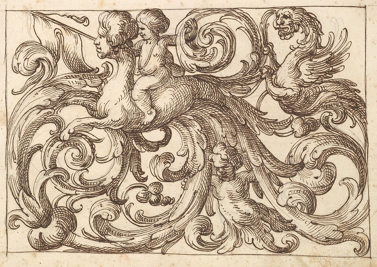 Horizontal Panel Design with a Sphinx, Two Putti and a Lionesque Fantastical Creature Interspersed Between Acanthus Rinceaux., Anonymous, Italian, Venetian, 17th century, Pen and brown ink over leadpoint 