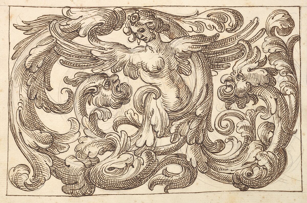 Horizontal Panel Design with a Female Figure and Two Fantastical Creatures Interspersed between Acanthus Rinceaux, Anonymous, Italian, Venetian, 17th century, Pen and brown ink over leadpoint 