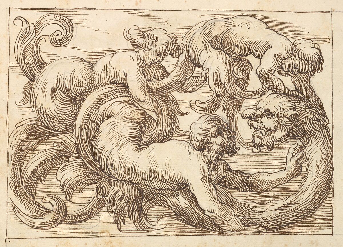Horizontal Panel Design with a Three Figures and a Fantastical Creature Interspersed between Acanthus Rinceaux, Anonymous, Italian, Venetian, 17th century, Pen and brown ink over leadpoint 