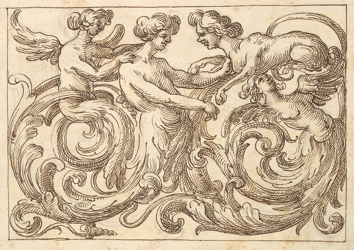 Horizontal Panel Design with a Three Androgynous Figures and a Sphinx Combined with Acanthus Rinceaux, Anonymous, Italian, Venetian, 17th century, Pen and brown ink over leadpoint 