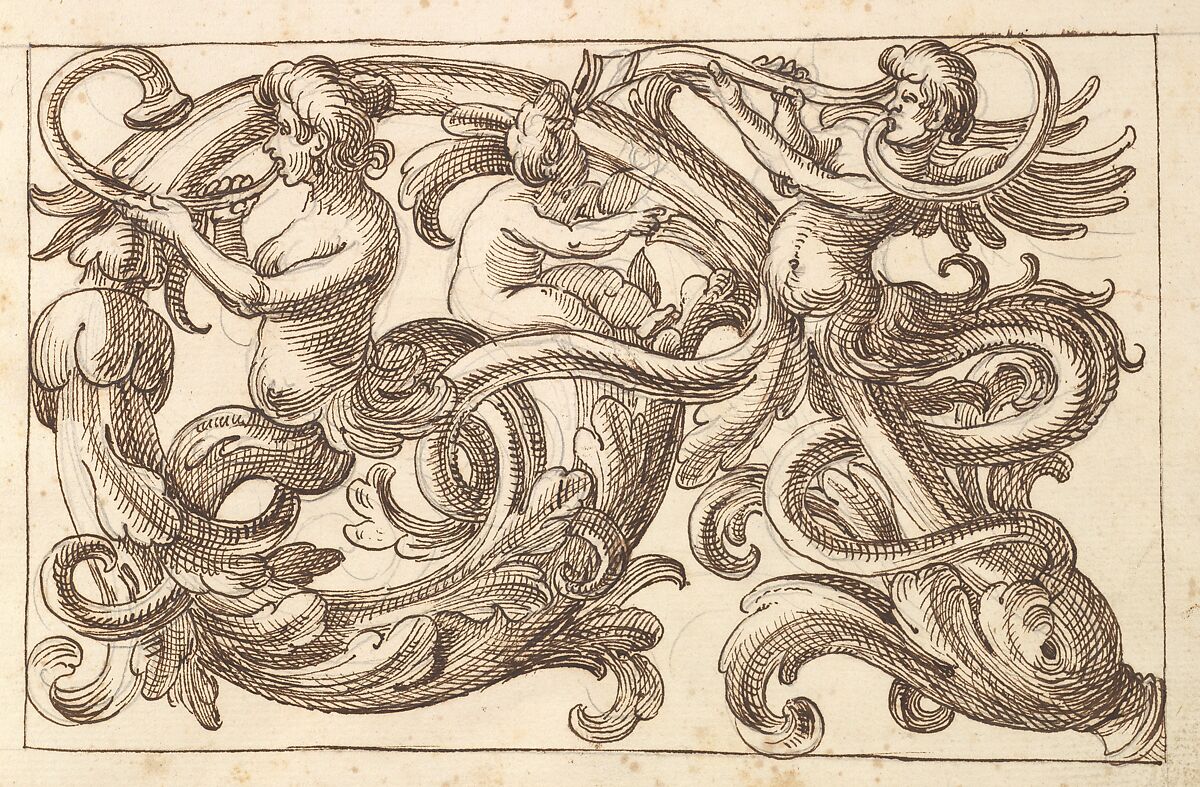 Horizontal Panel Design with Two Male Figures and a Putto Interspersed between  Acanthus Rinceaux, Anonymous, Italian, Venetian, 17th century, Pen and brown ink over leadpoint 