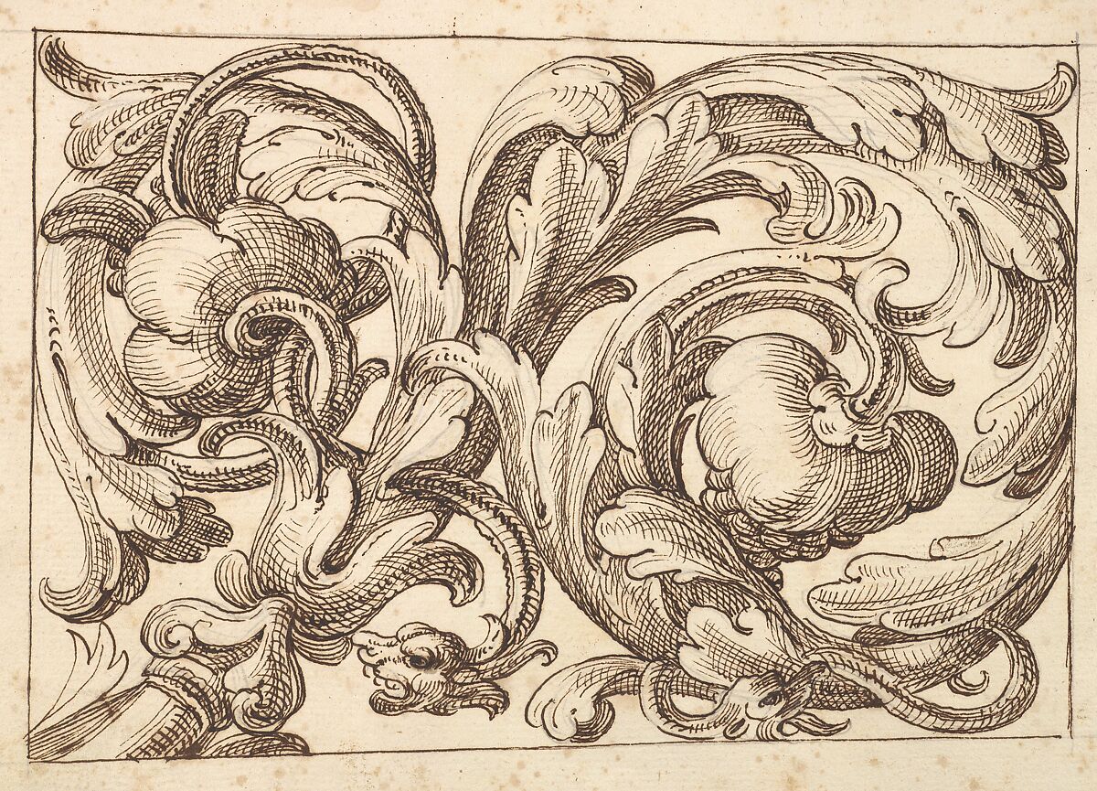 Horizontal Panel Design Filled with a Meandering Acanthus Rinceau and Two Fantastical Creatures., Anonymous, Italian, Venetian, 17th century, Pen and brown ink over leadpoint 