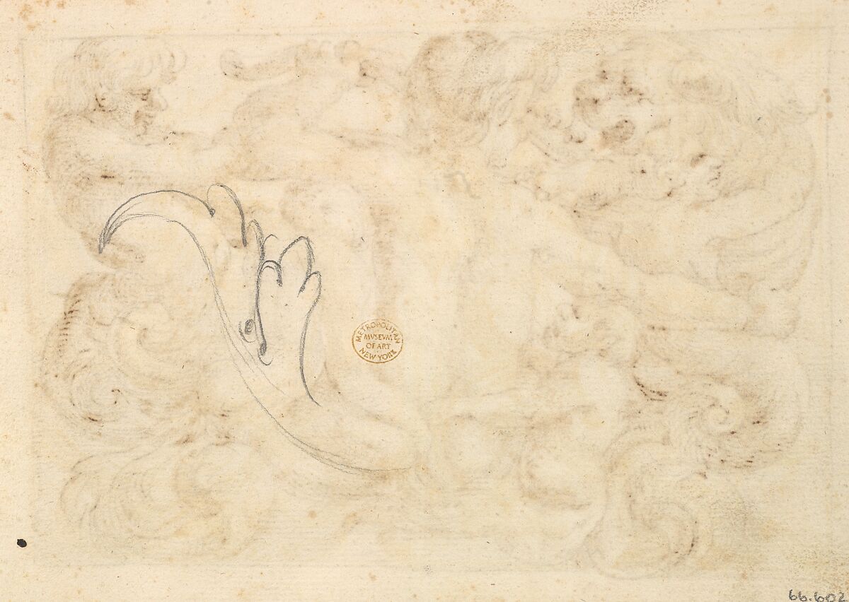 Horizontal Panel Design with Five Hybrid Creatures and a Lion., Anonymous, Italian, Venetian, 17th century, Pen and brown ink over leadpoint