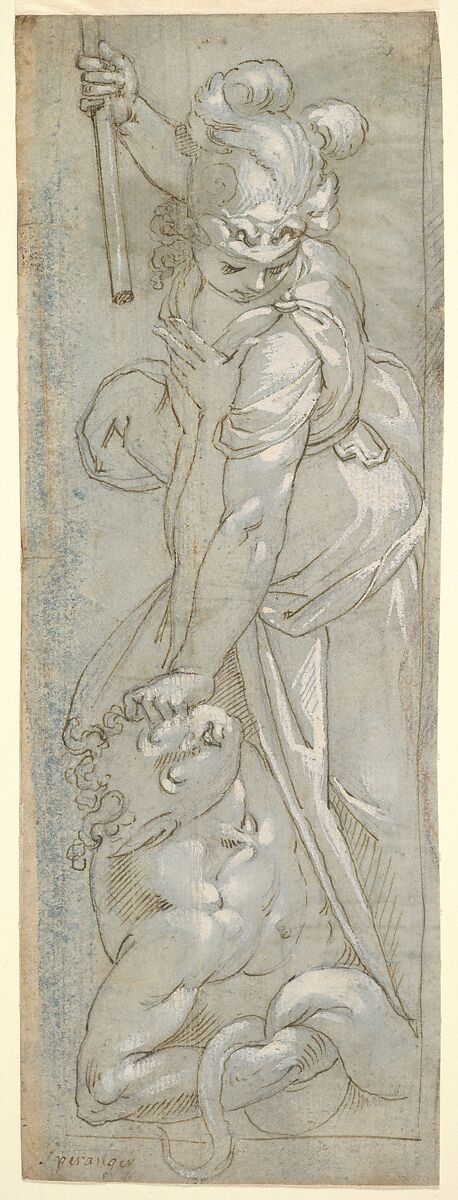 Female Warrior crushing a Satyr, Anonymous, 16th century  , Italian School, Pen and brown ink with white heightening, traces of black chalk, on paper covered in blue wash 