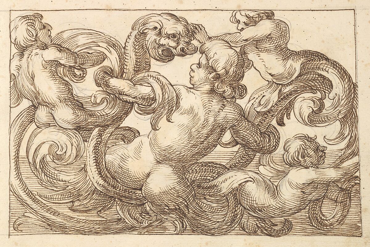 Horizontal Panel Design with Four Hybrid Male Figures and a Fantastical Creature Interspersed between Acanthus Rinceaux, Anonymous, Italian, Venetian, 17th century, Pen and brown ink over leadpoint 