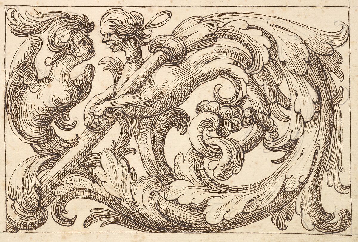 Horizontal Panel Design with Two Hybrid Creatures Interspersed between Acanthus Rinceaux, Anonymous, Italian, Venetian, 17th century, Pen and brown ink over leadpoint 