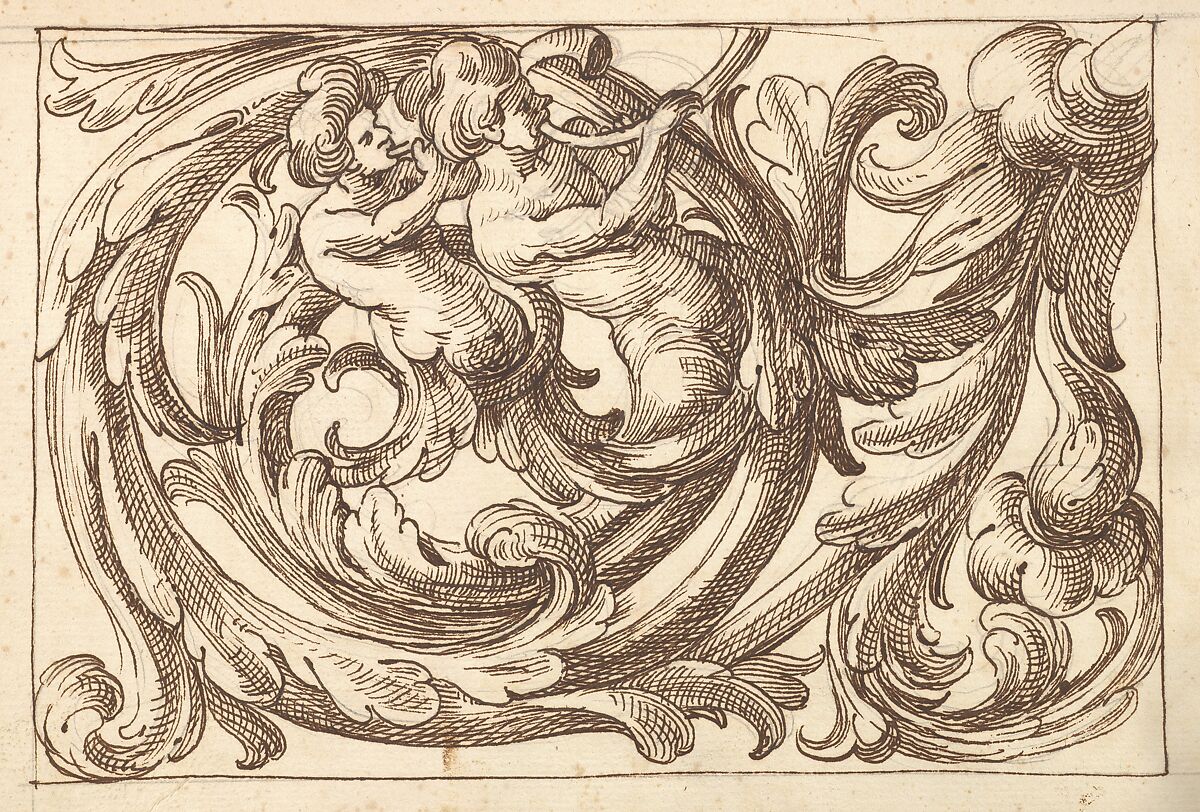 Horizontal Panel Design with Two Male Figures Playing Horns Interspersed between Acanthus Rinceaux, Anonymous, Italian, Venetian, 17th century, Pen and brown ink over leadpoint 