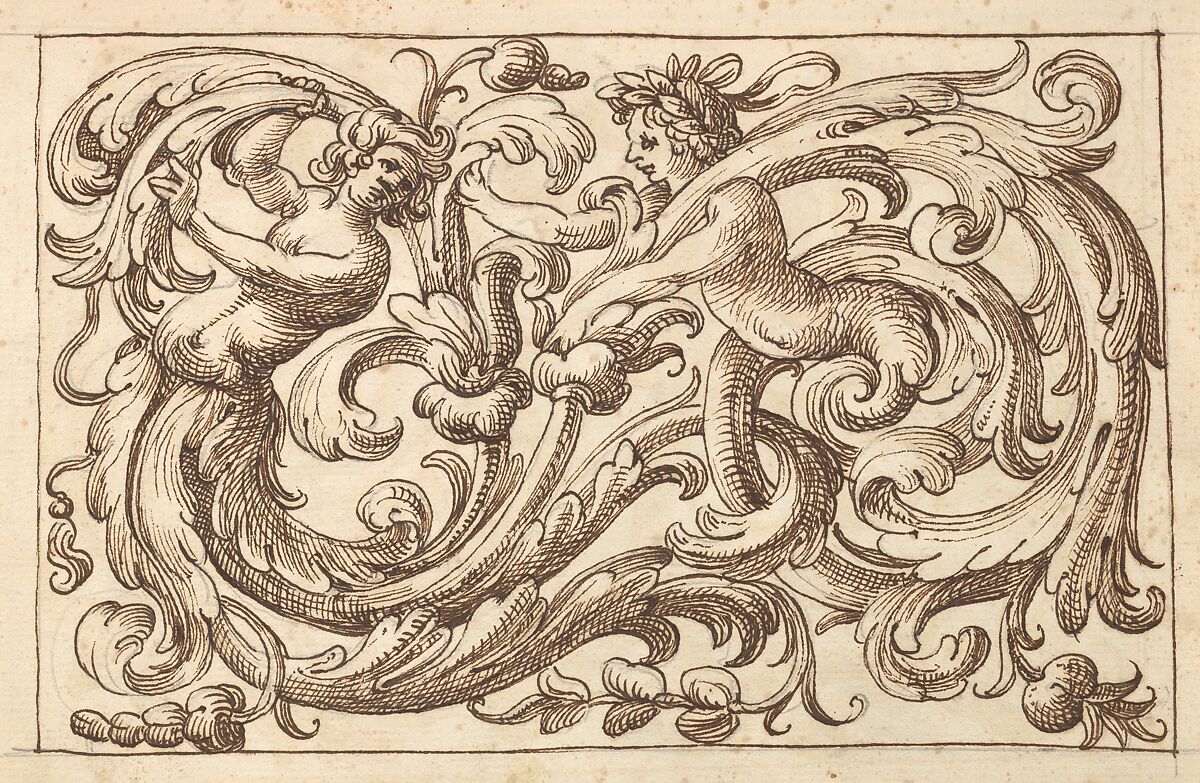 Horizontal Panel Design with Two Young Male Figures Interspersed between Acanthus Rinceaux, Anonymous, Italian, Venetian, 17th century, Pen and brown ink over leadpoint 
