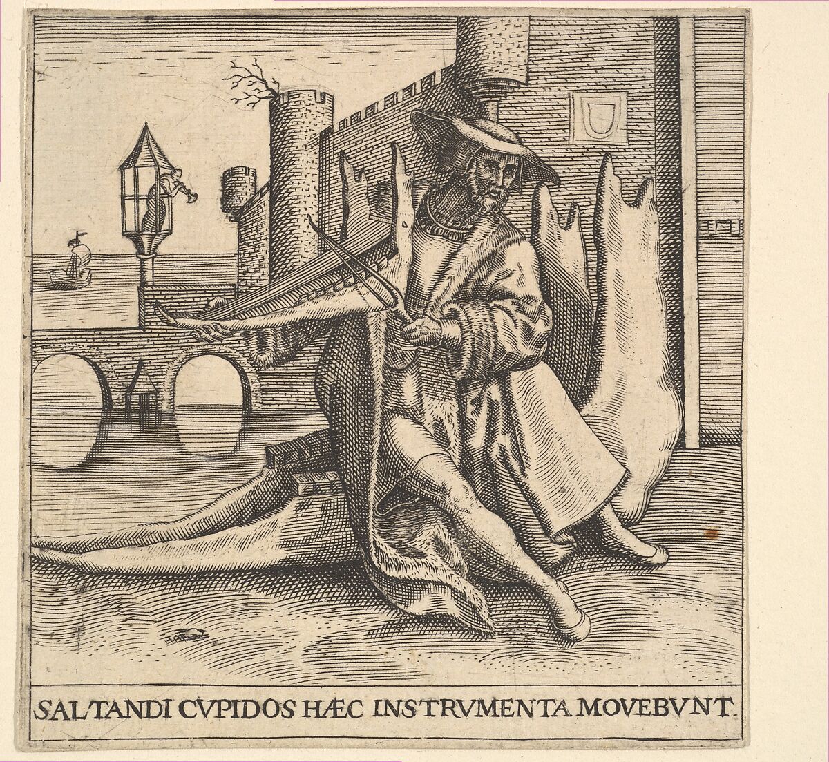 The Rich Man Playing Violin on a Jaw Bone, Johann Theodor de Bry (Netherlandish, Strasbourg 1561–1623 Bad Schwalbach), Engraving 