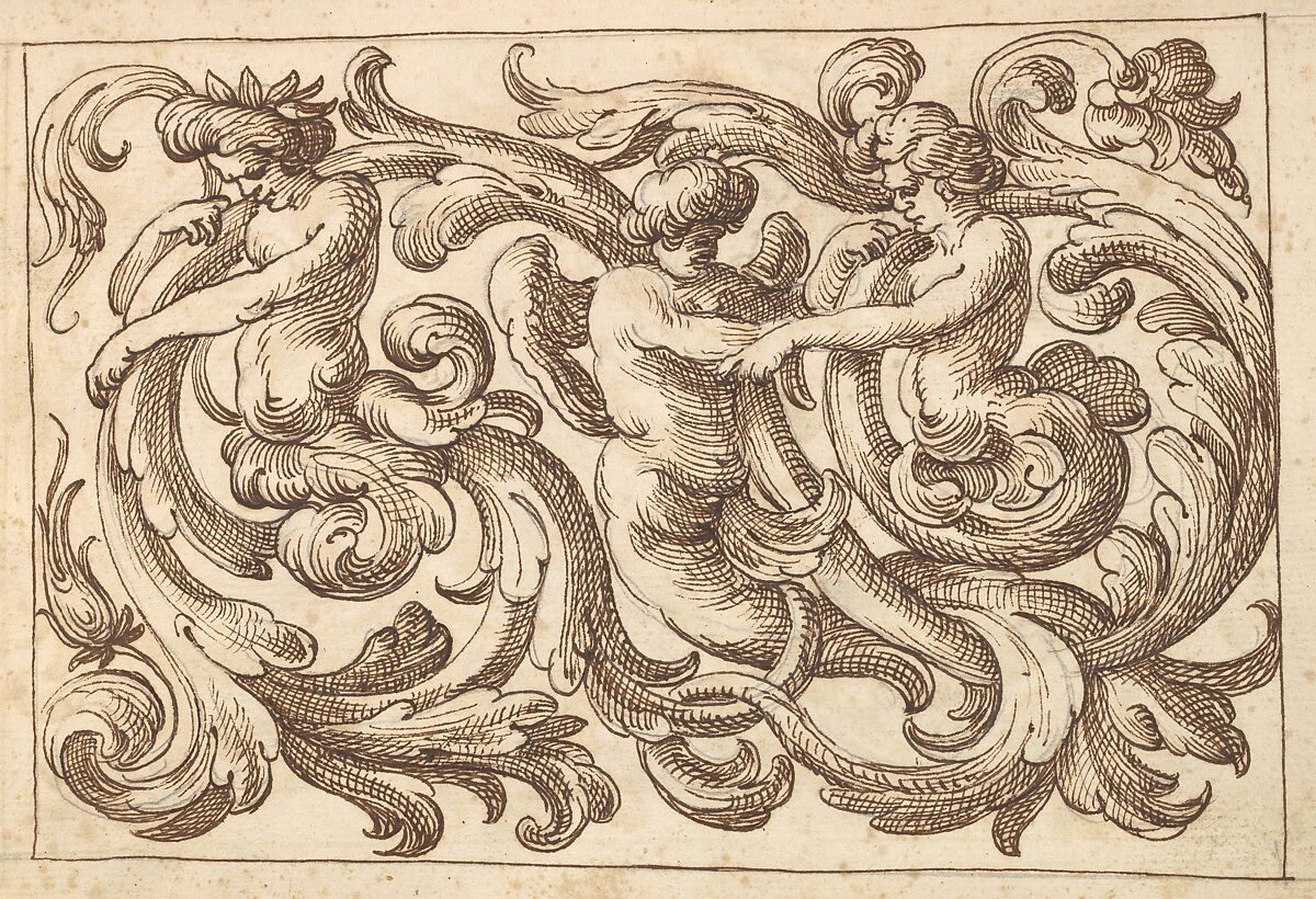 Horizontal Panel Design with Three Young Male Figures Interspersed between Acanthus Rinceaux, Anonymous, Italian, Venetian, 17th century, Pen and brown ink over leadpoint 