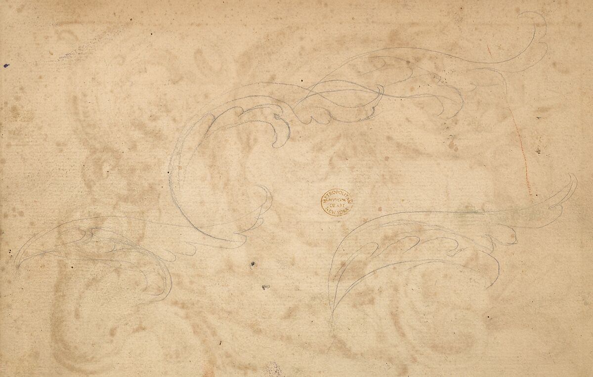 Horizontal Panel Design with a Male Figure, a Putto and a Snake Interspersed between Acanthus Rinceaux, Anonymous, Italian, Venetian, 17th century, Pen and brown ink over leadpoint