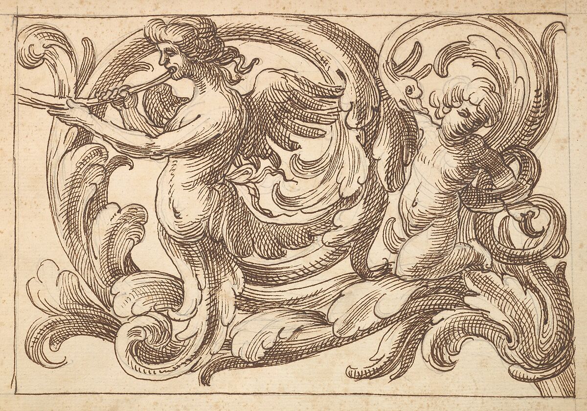 Horizontal Panel Design with a Male Figure, a Putto and a Snake Interspersed between Acanthus Rinceaux, Anonymous, Italian, Venetian, 17th century, Pen and brown ink over leadpoint 