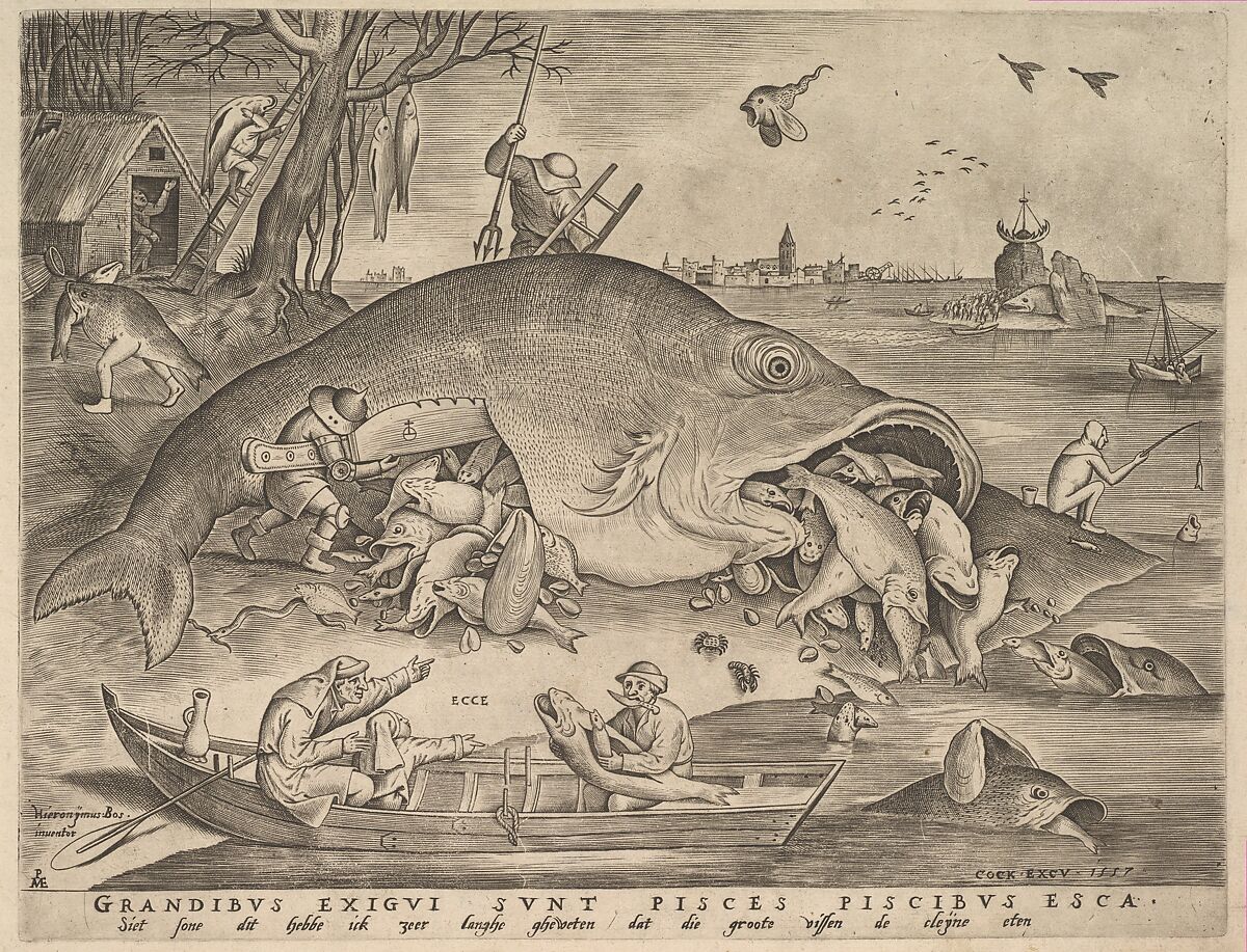 Big Fish Eat Little Fish, Pieter van der Heyden (Netherlandish, ca. 1525–1569), Engraving; first state of four 