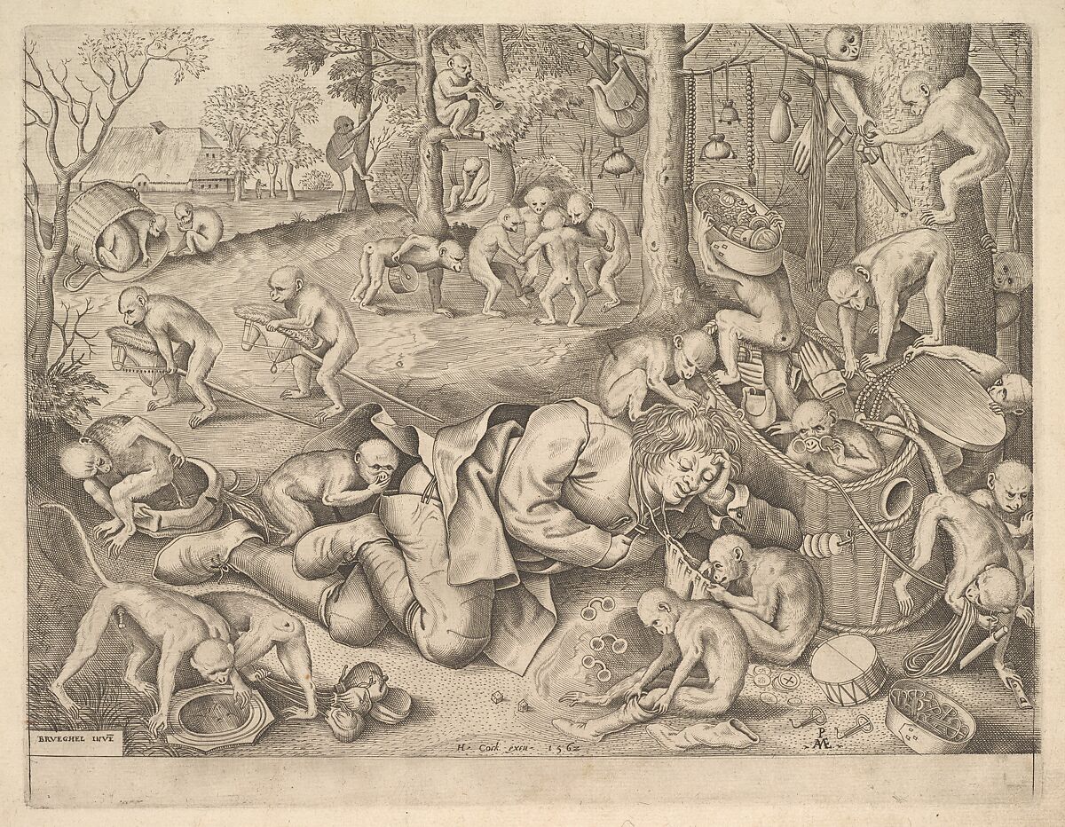 The Merchant Robbed by Monkeys, Pieter van der Heyden (Netherlandish, ca. 1525–1569), Engraving; first state of five 